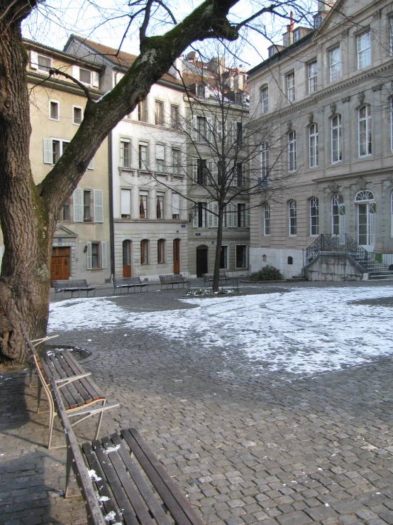 a building from down below, snow on ground and trees on the street