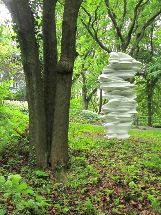 a stone pillar is placed between two trees in the woods