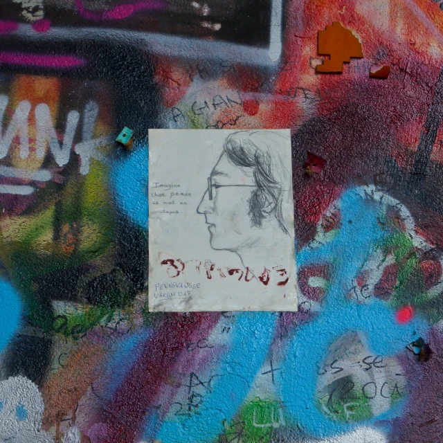 a person's profile on the wall of a graffiti covered area