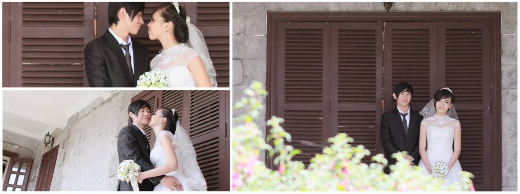 a bride and groom are looking at each other