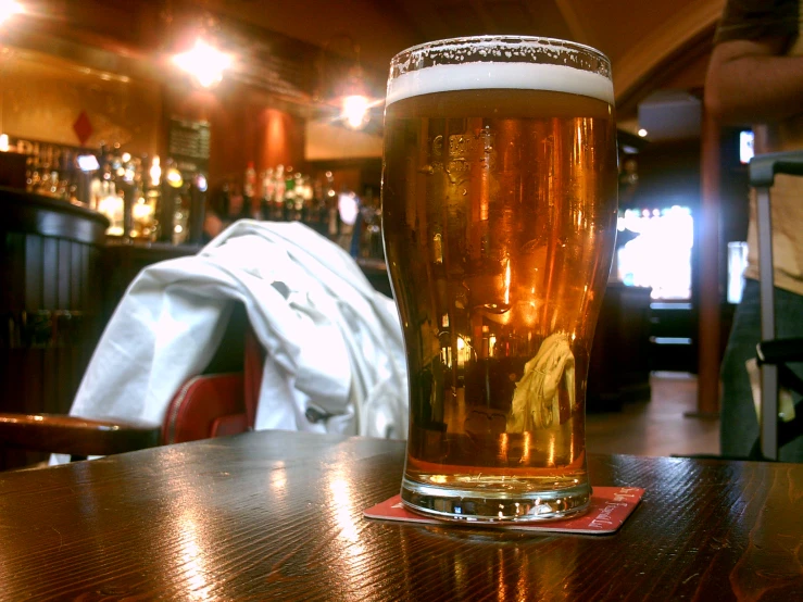 a glass of beer sits on a table