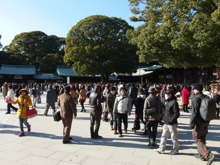 people walking through the plaza, near some large trees