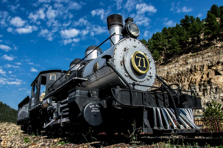 a locomotive train that is driving through the country side