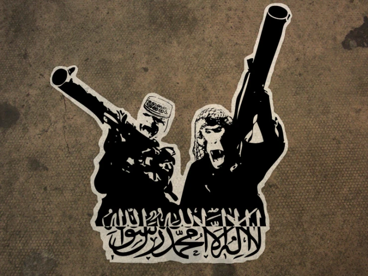 this is an image of a sticker featuring two people holding guns