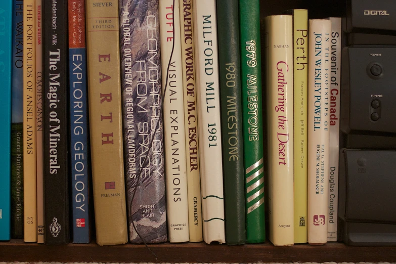 books are lined up on top of a wooden shelf