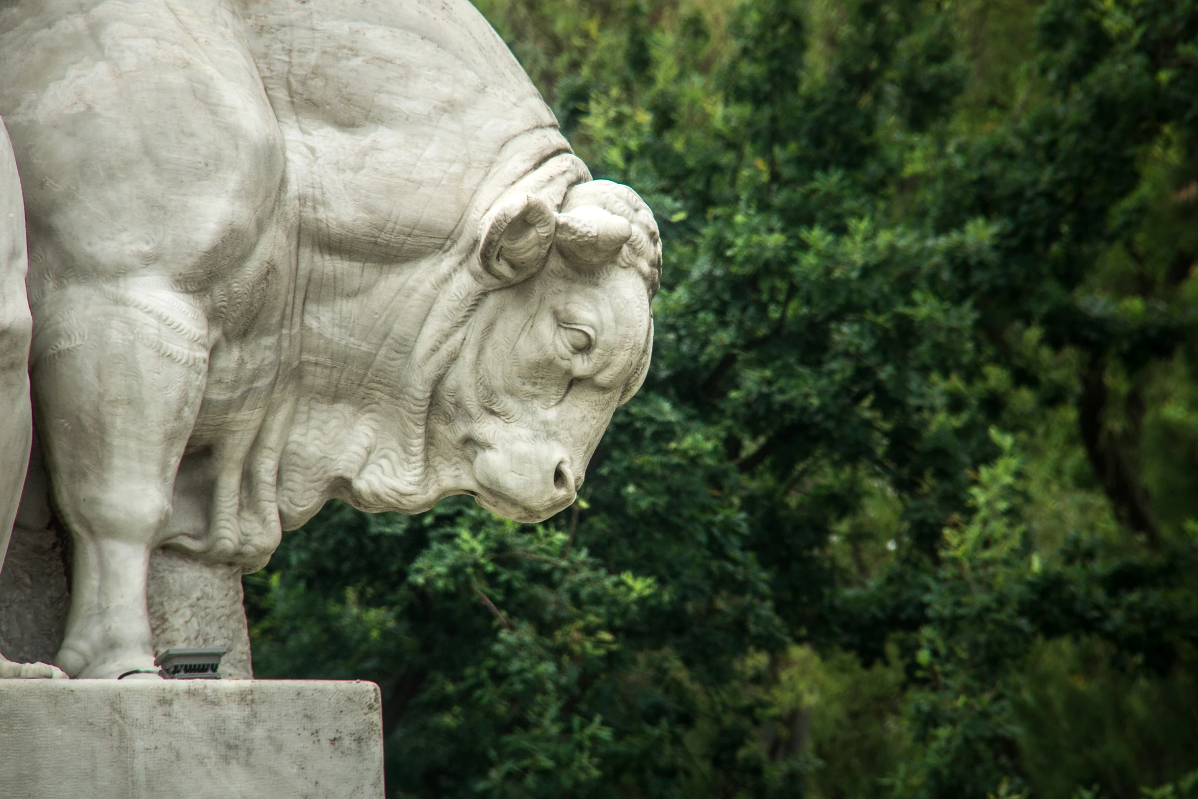 a statue of a bull standing next to some trees