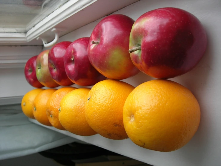 several apples are lined up next to oranges on a window sill