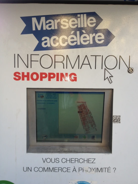 a sign in an information booth advertising shopping