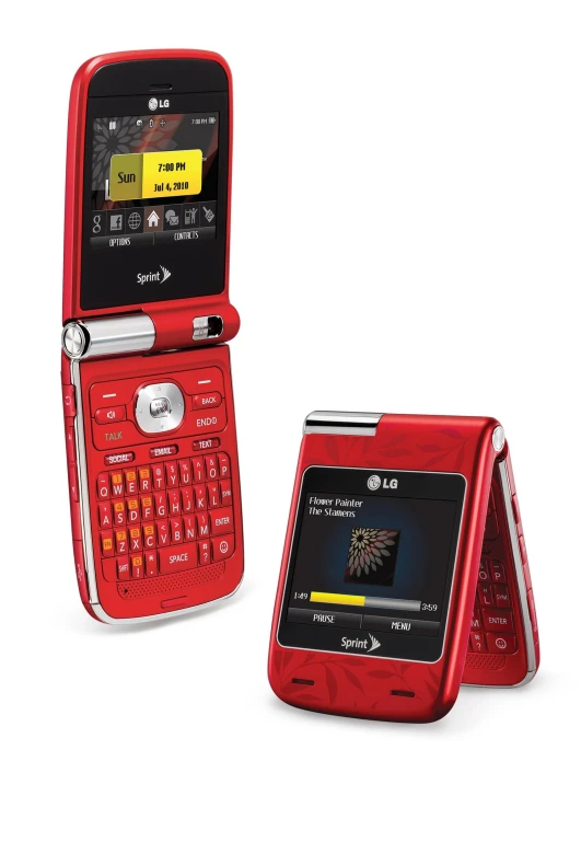 a cell phone with a keyboard next to a device with an mp3 player