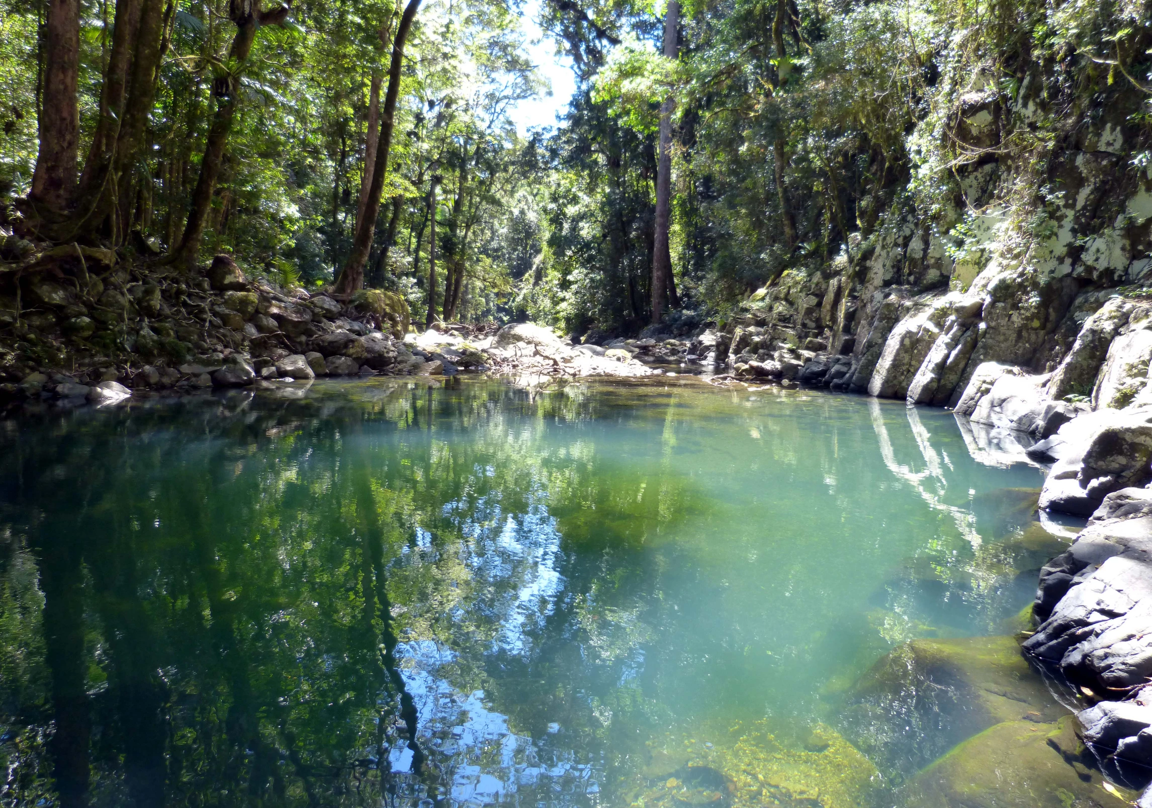 a body of water surrounded by some rocks and trees