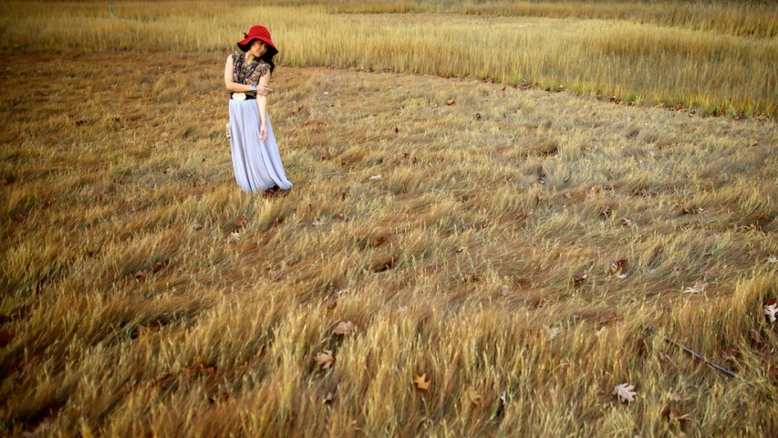 a woman standing in a field holding onto an umbrella