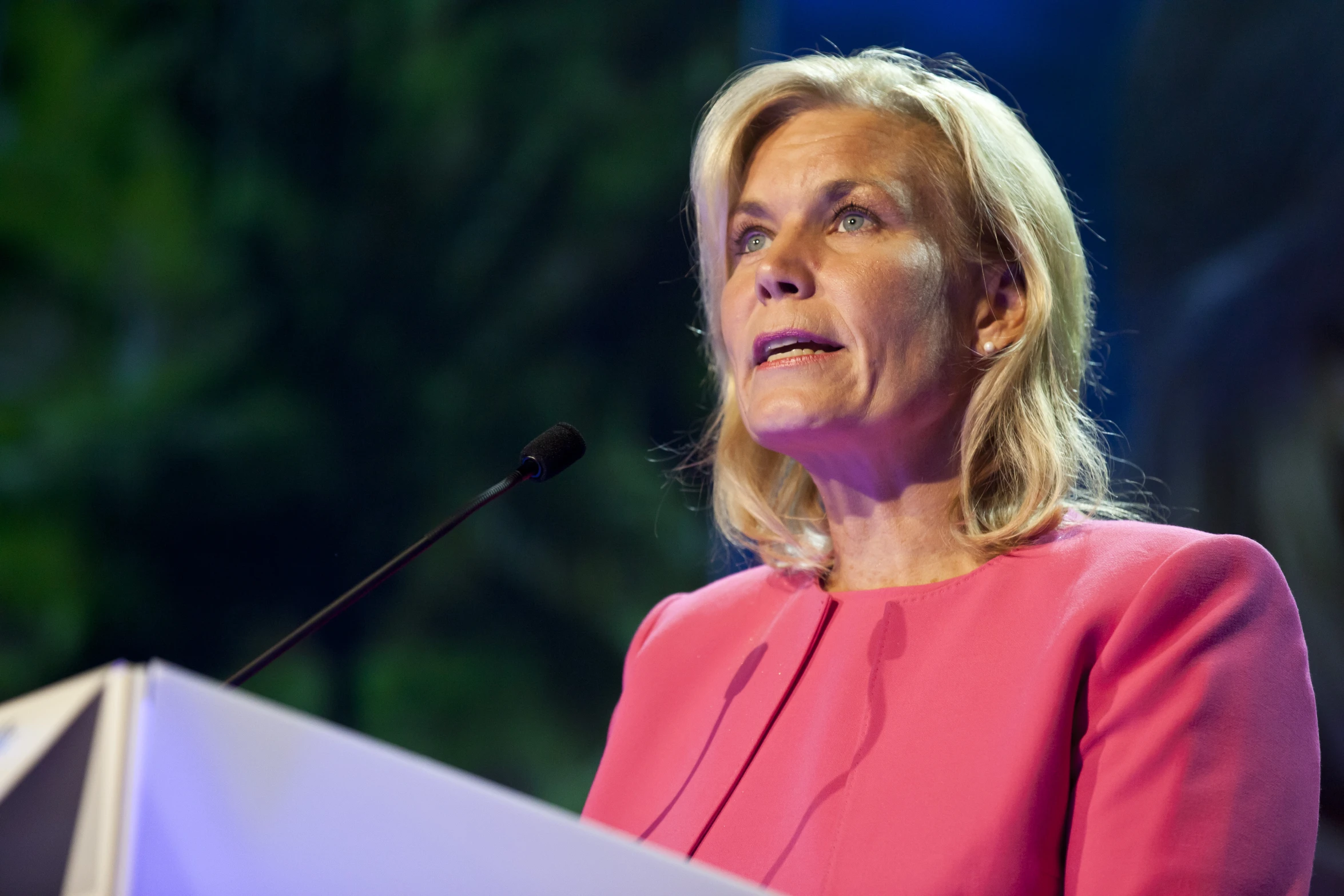 the woman stands behind a podium as she delivers her speech