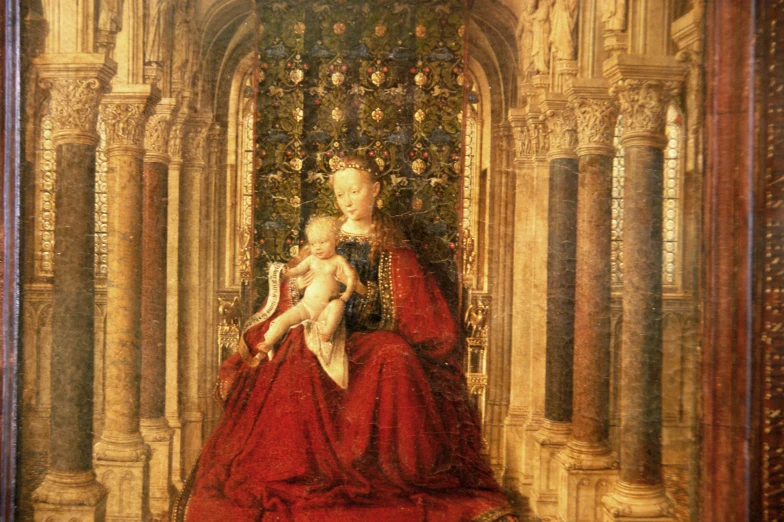 a woman in a red gown with her baby sitting on a throne