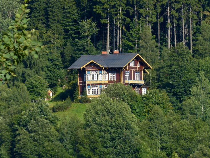 a large, old style home sitting on a hillside surrounded by trees