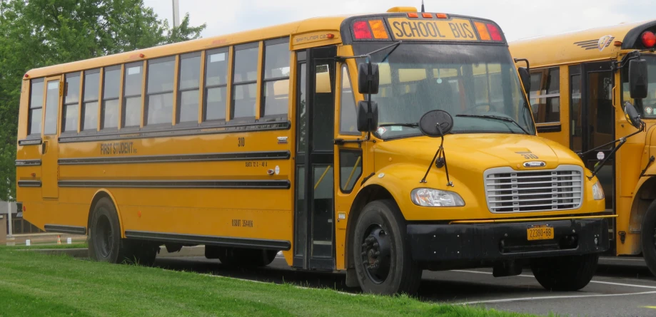 two yellow school buses parked in a parking lot