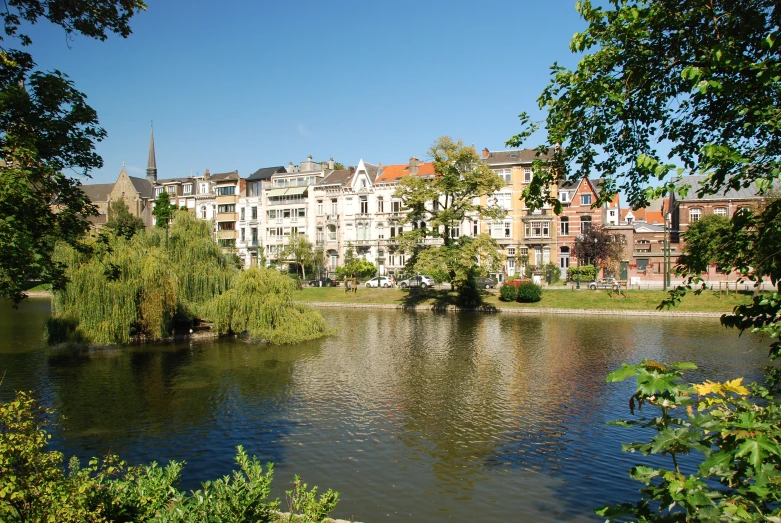 a small lake in front of buildings and trees