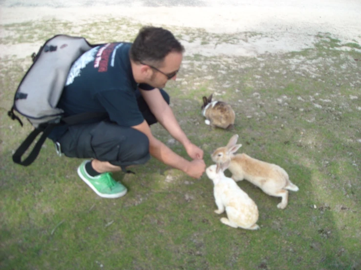 a man kneeling down next to three small rabbits