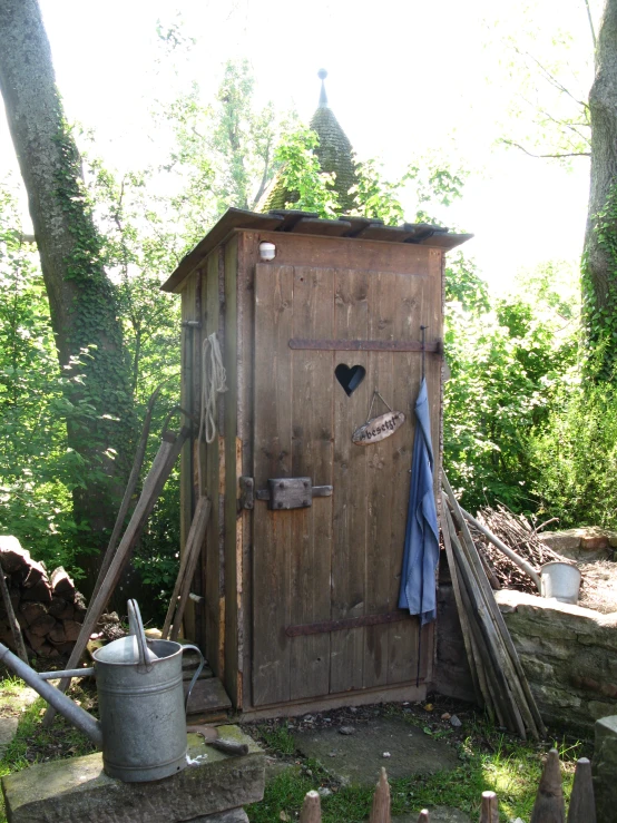 a shed is standing in the woods with a couple of shovels