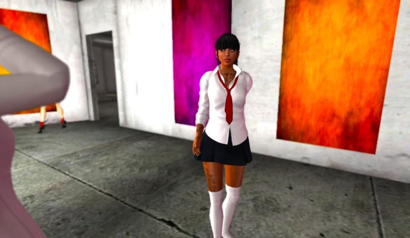 a virtual rendering of a woman in short shorts, tie and shoes