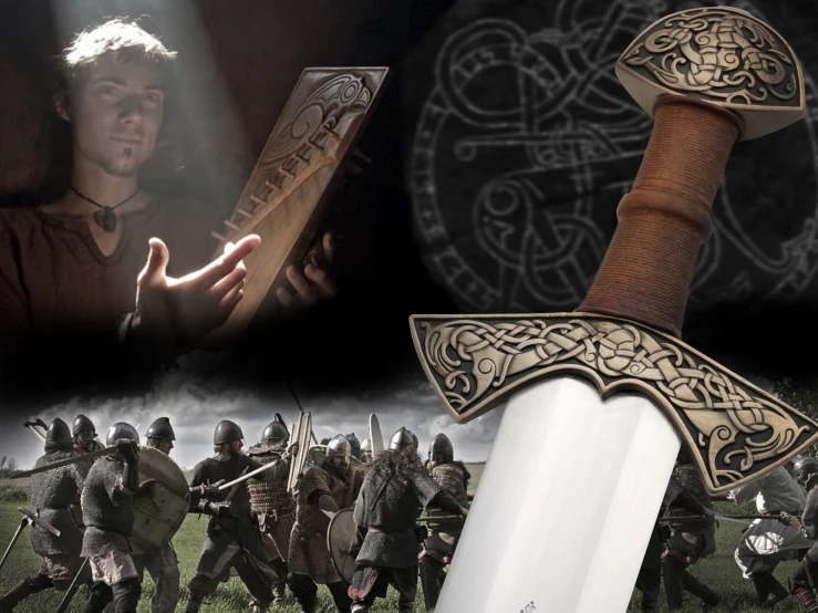 a sword with an image of knightmen in the background