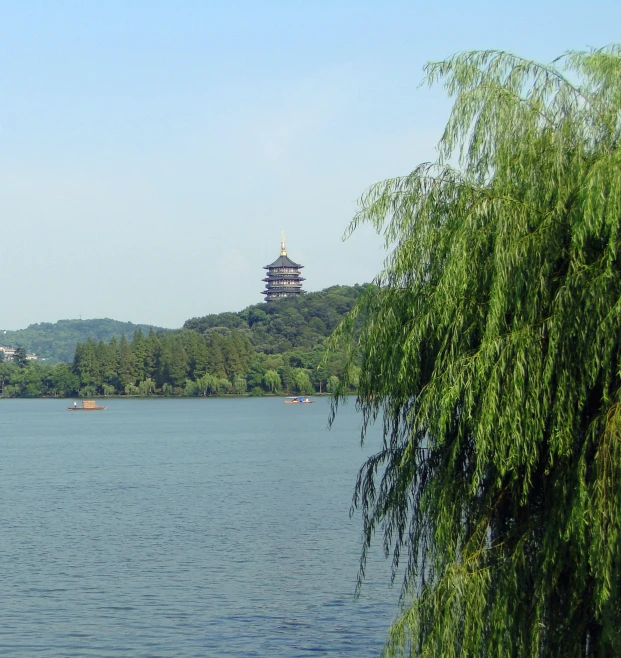 a river with boats is shown through the willow nches