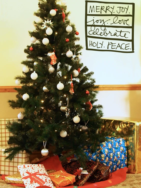 christmas tree surrounded by presents and a holiday wish sign