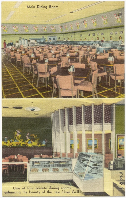 a picture of a very long room full of tables