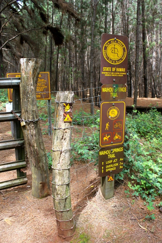 a trail sign at the entrance to a wooded area