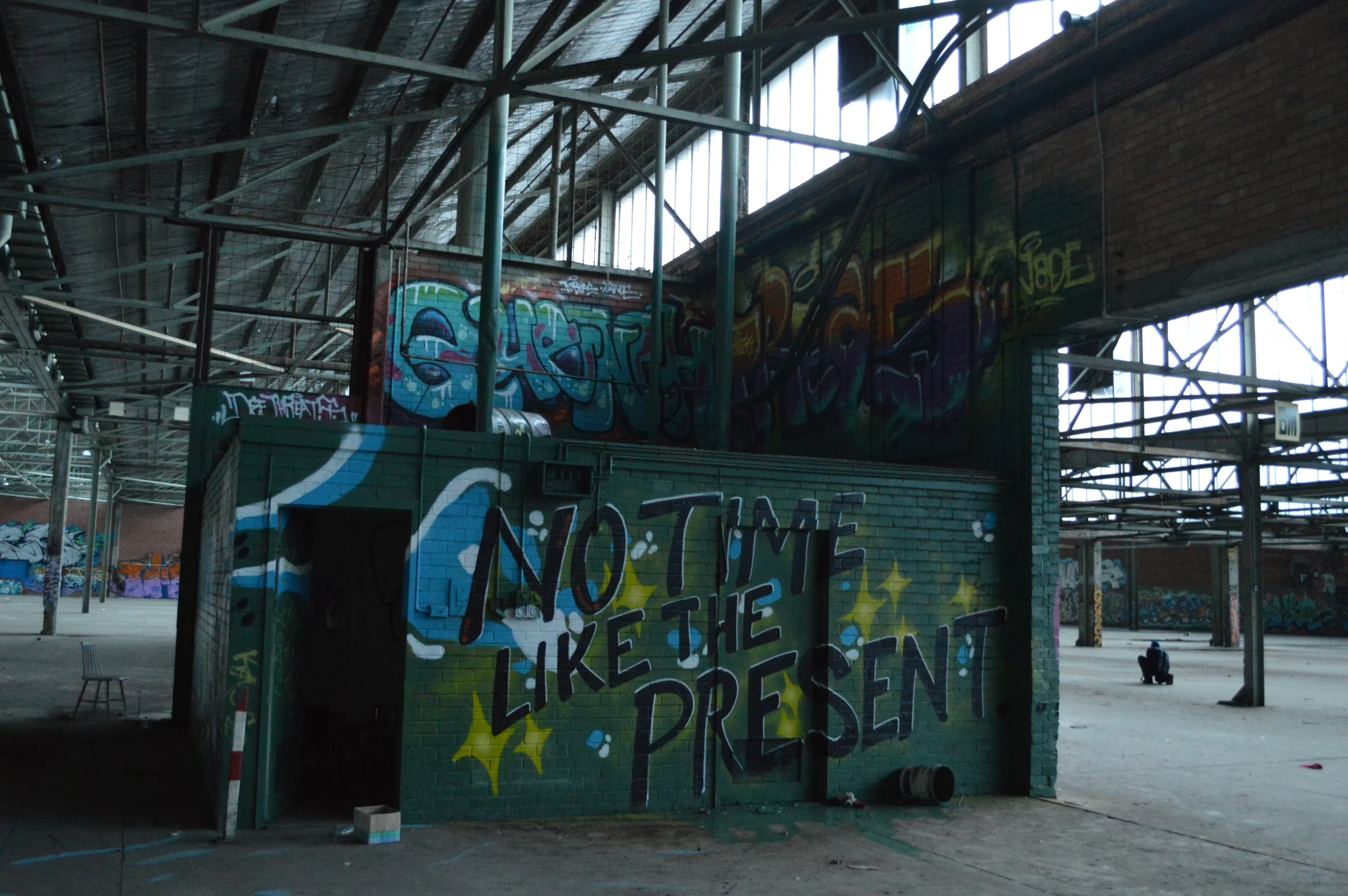 the inside of an abandoned building with graffiti