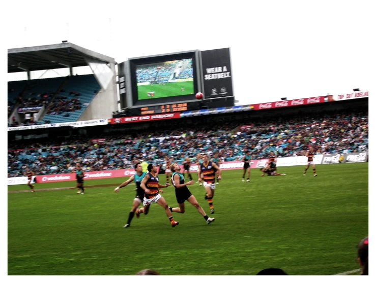 some people on a field playing soccer with a crowd