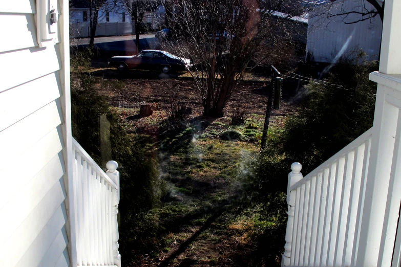 a small backyard has some plants on the side of the fence