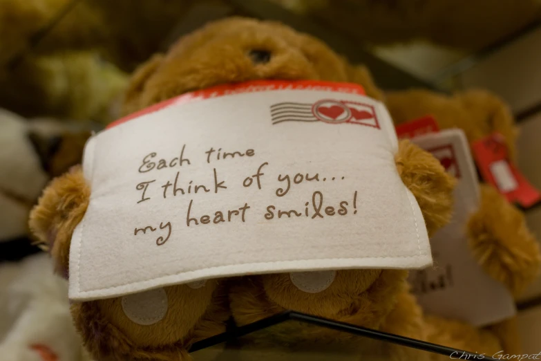 a small brown teddy bear with a white paper sign