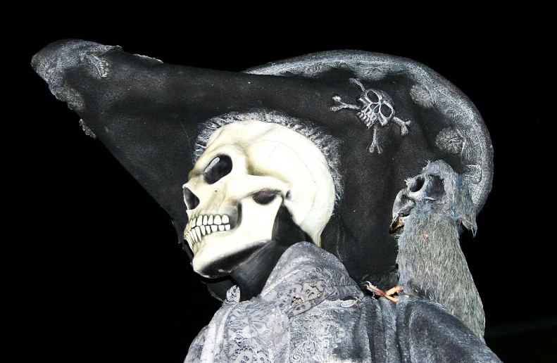 the skeleton is wearing a black hat with feathers