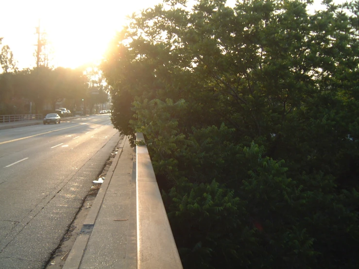 the sun is rising over the road by trees