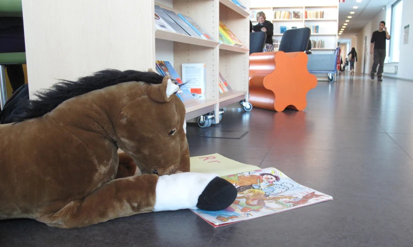 the stuffed horse is on the floor next to books