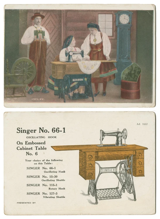 the old engraving shows two women and a sewing machine