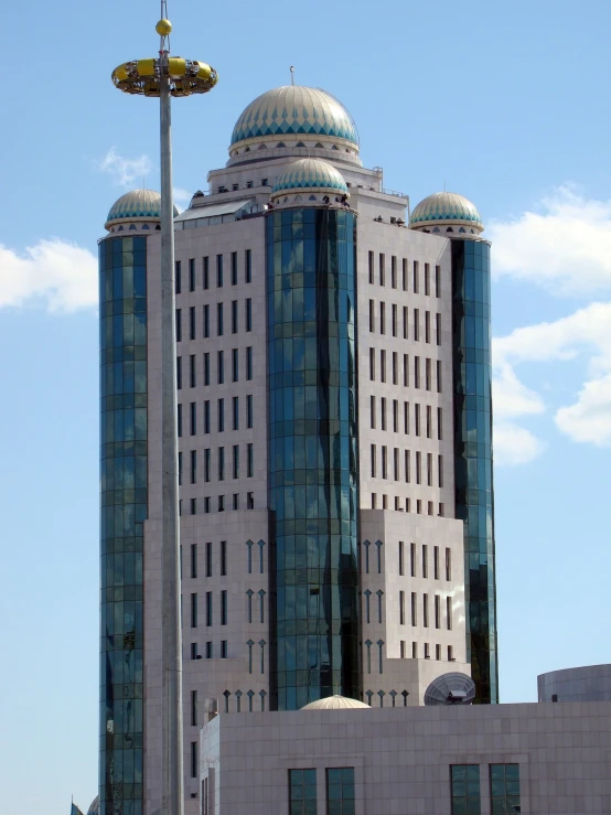 the building is white and has two round tops