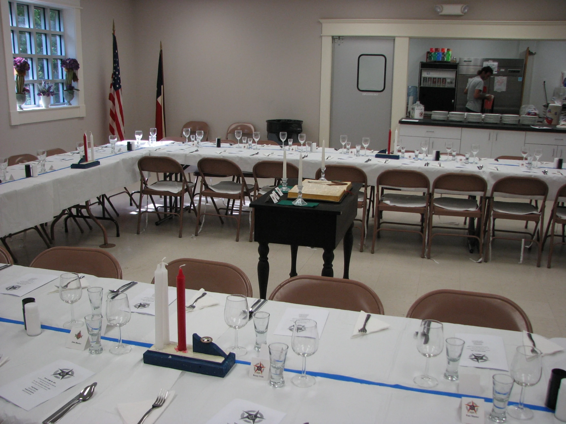 a long table with several empty place settings