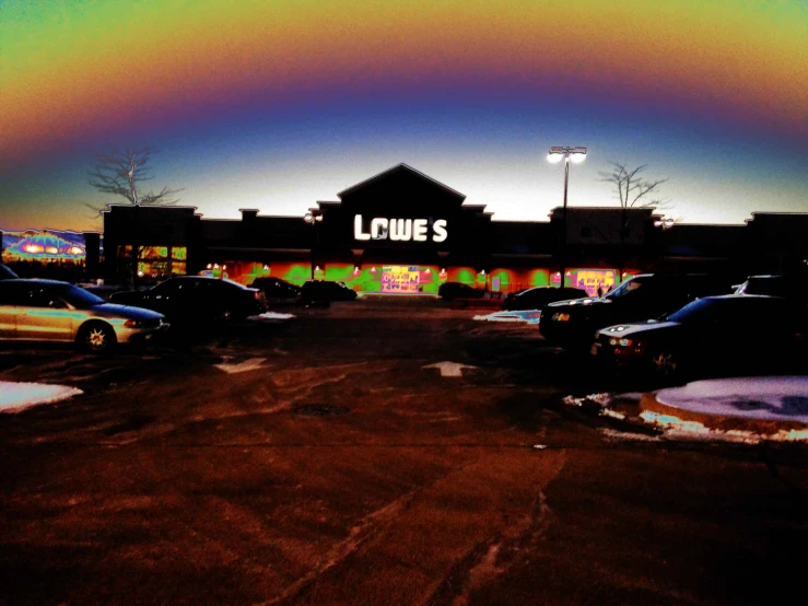 the front entrance to a liquor store during sunset