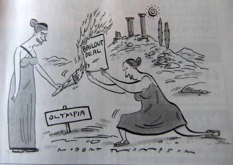 the cartoon shows an old woman trying to protect her body from a fire