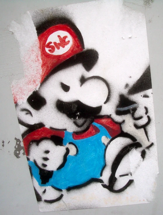 a drawing on the side of a wall with a mickey mouse in a cap