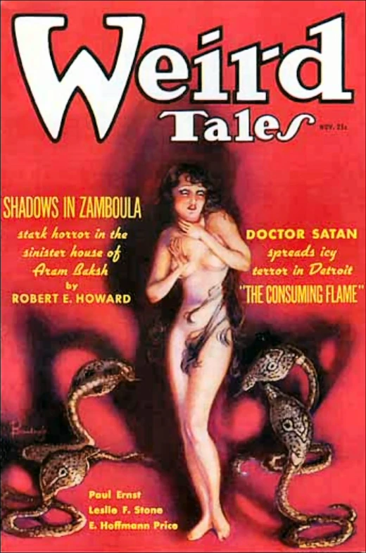 a painting of a  woman and snake skin on a cover of weird tales