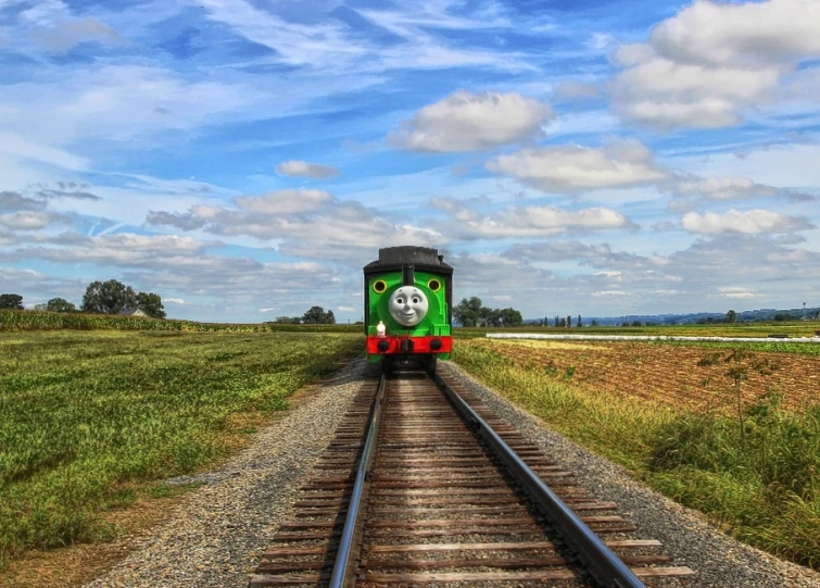 a green train on the tracks with a large panda face on it
