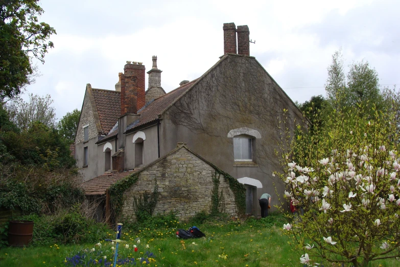 a thatched building with two chimneys and two arched windows, surrounded by green bushes and white flowers