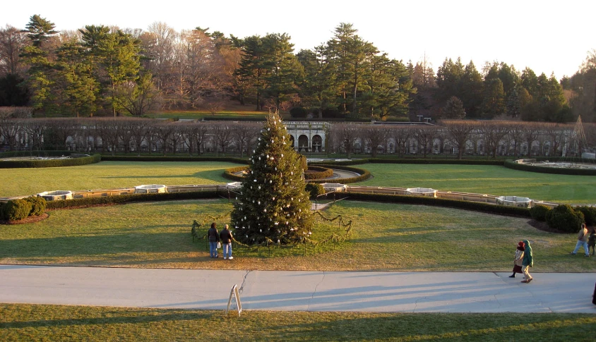 several people are walking around in an open park