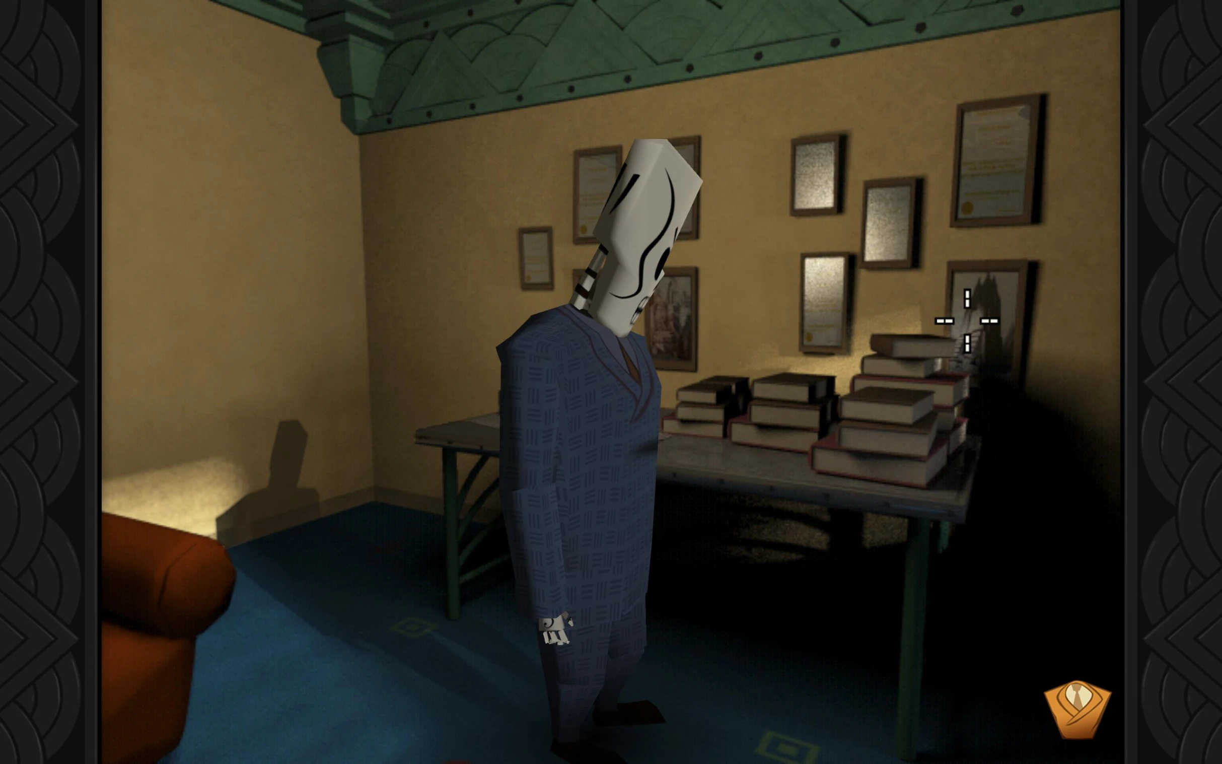 a stylized artwork showing a white mask in a office