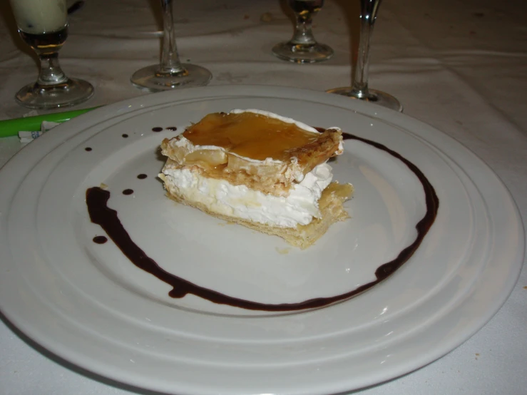 a piece of food on a plate with chocolate sauce