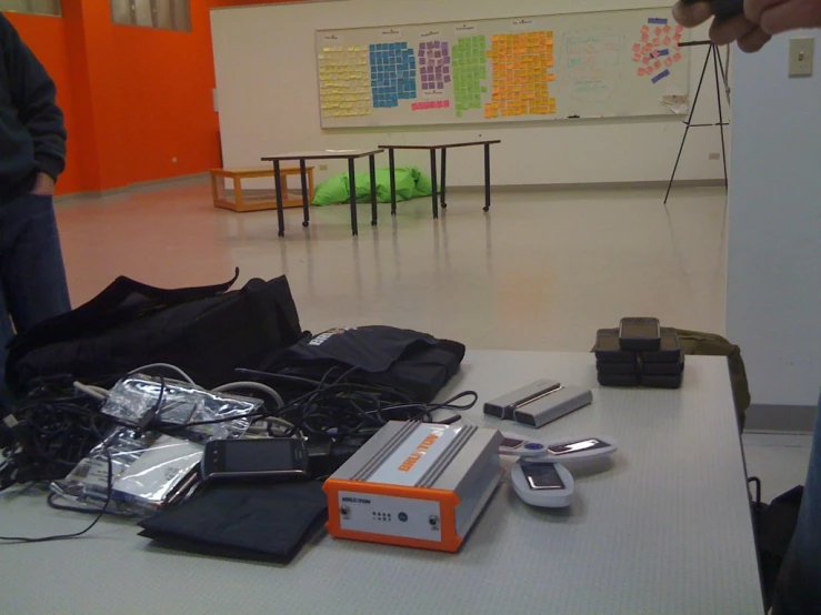 there are several items on the table with a black bag