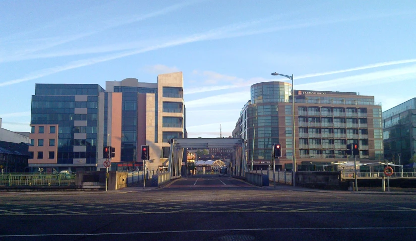 street scene with tall buildings in front