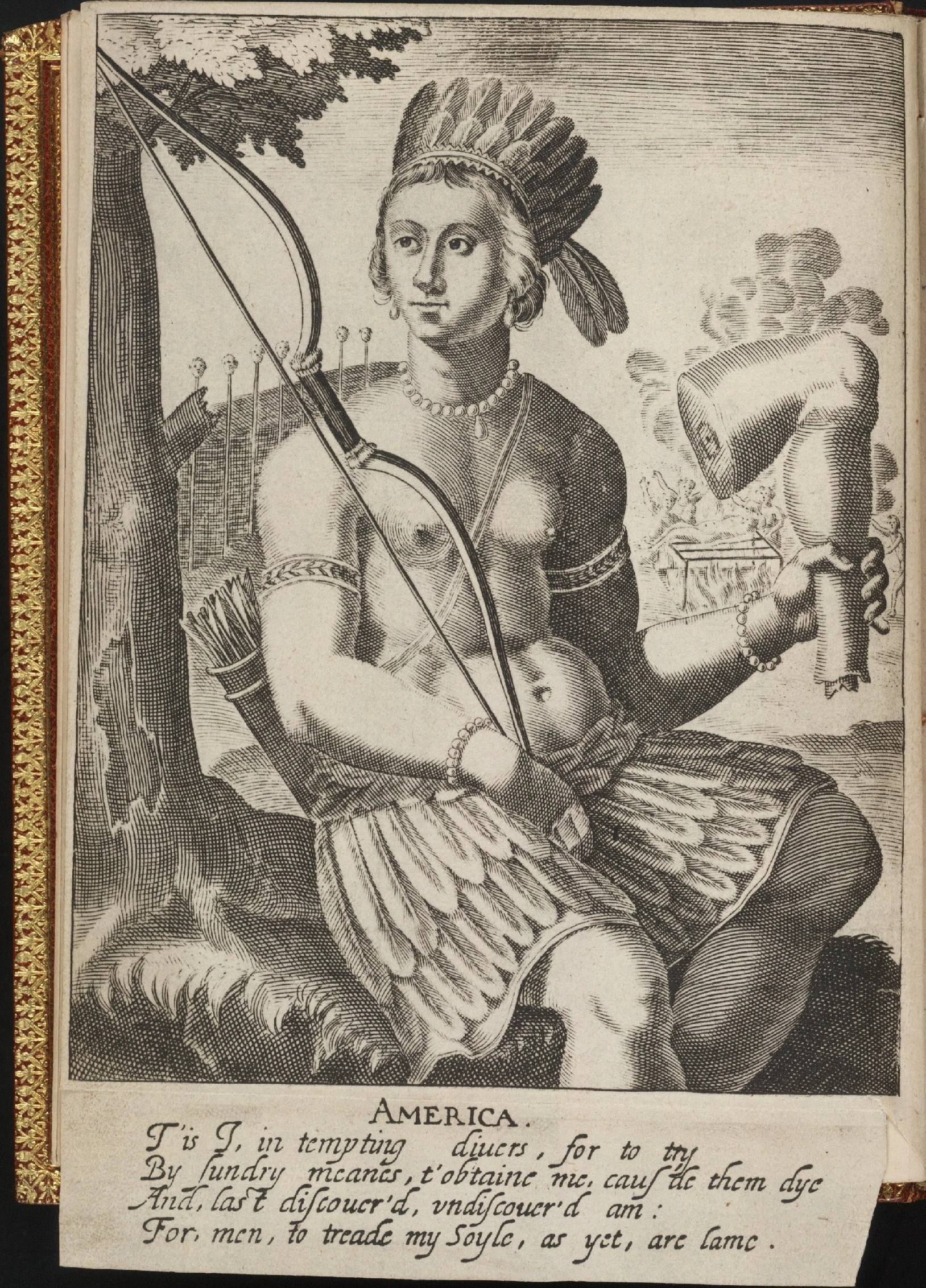 an old book with a woman holding a bow